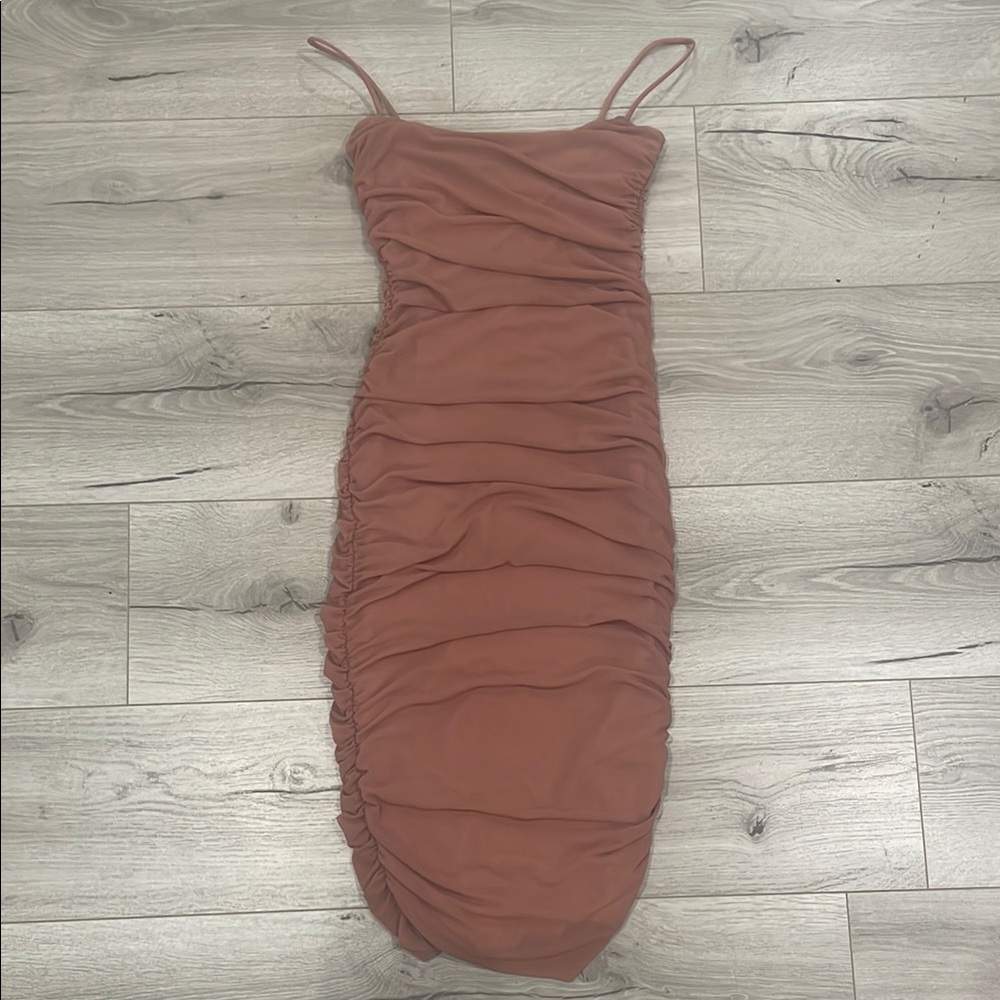 Oh Polly Terracotta Ruched Midi Dress